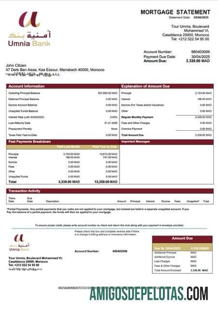 realista Modelo Word e PDF de declaração de hipoteca do Marrocos Umnia Bank